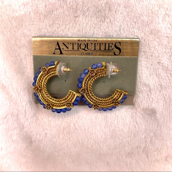 Antiquities Classic Blue Beaded Gold Hoop Earrings Vintage - Picture 4 of 6